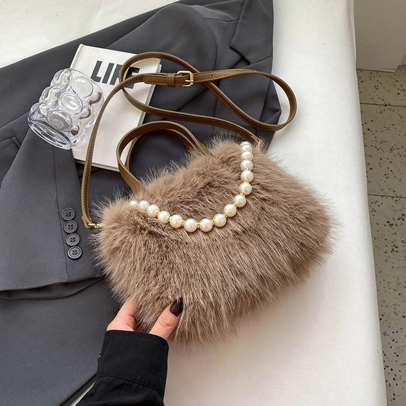 Winter Faux Fur Crossbody Pearl Chain Decor Handbag