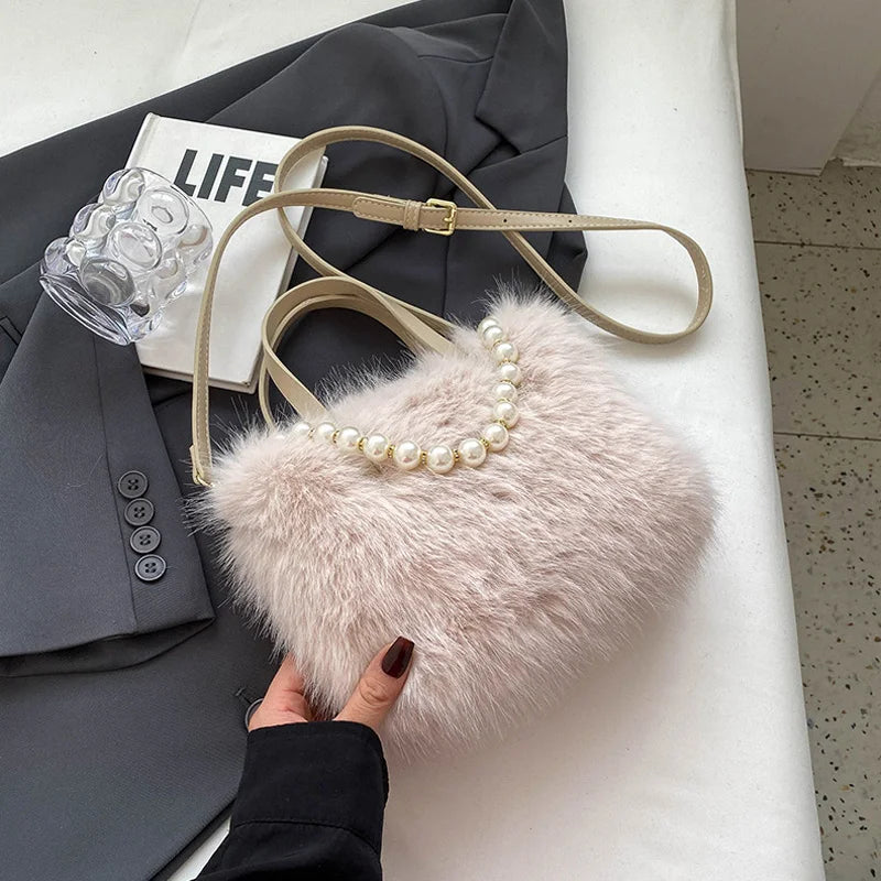 Winter Faux Fur Crossbody Pearl Chain Decor Handbag