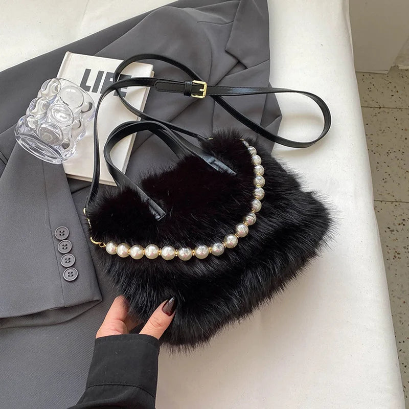 Winter Faux Fur Crossbody Pearl Chain Decor Handbag