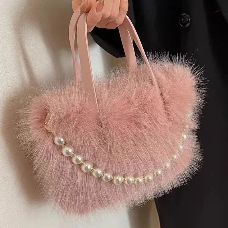 Winter Faux Fur Crossbody Pearl Chain Decor Handbag