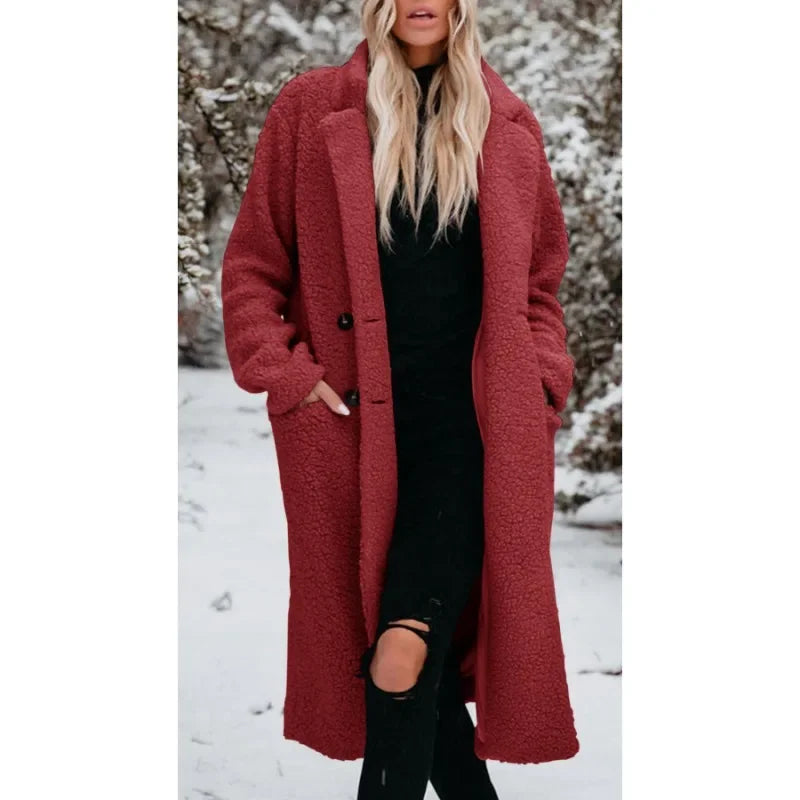 Elegant Fashion Warm Thick Fleece Long Single Breasted Pocket Winter Coats - Fashionpara