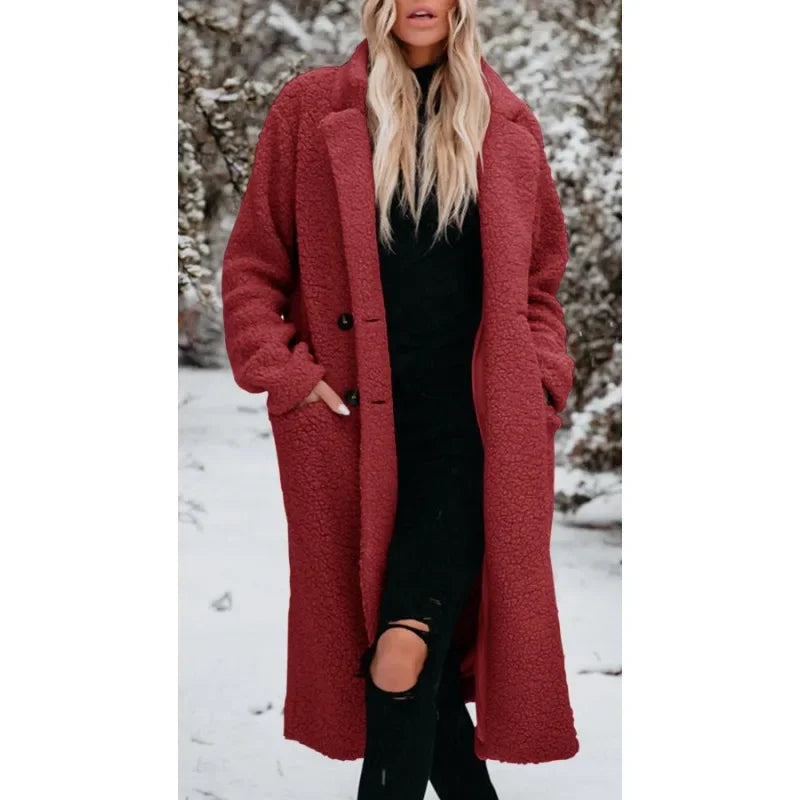 Elegant Fashion Warm Thick Fleece Long Single Breasted Pocket Winter Coats - Fashionpara