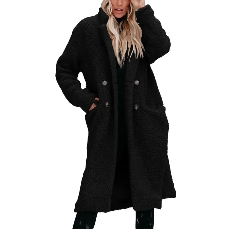 Elegant Fashion Warm Thick Fleece Long Single Breasted Pocket Winter Coats - Fashionpara