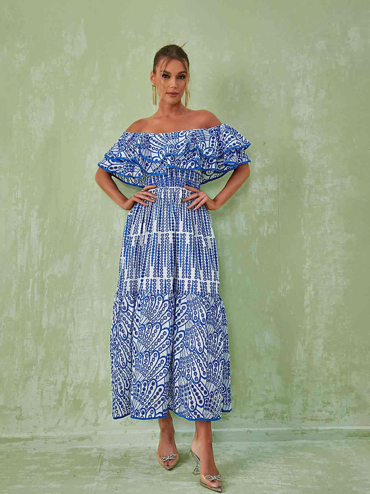 Soleil Off Shoulder Hollow Maxi Dress In Blue