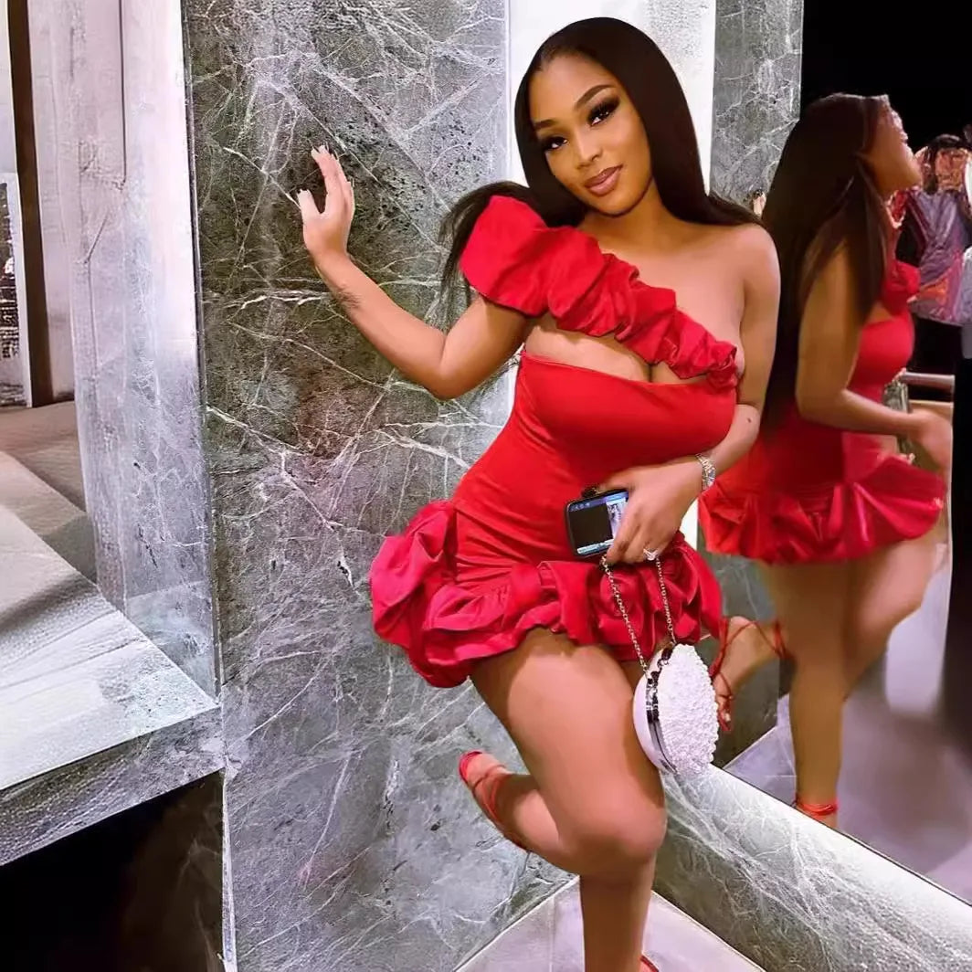 Red Christmas Party Dress - A-Line Backless One-Shoulder - Fashionpara