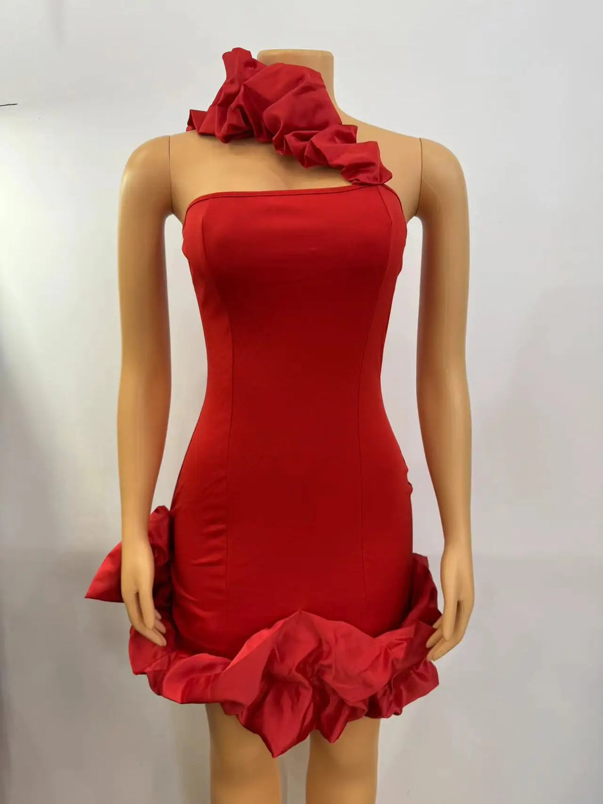 Satin One Shoulder Puff Sleeve Ruffle Mini Dress