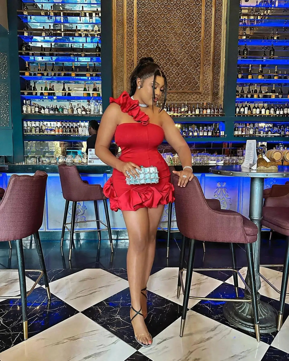 Satin One Shoulder Puff Sleeve Ruffle Mini Dress