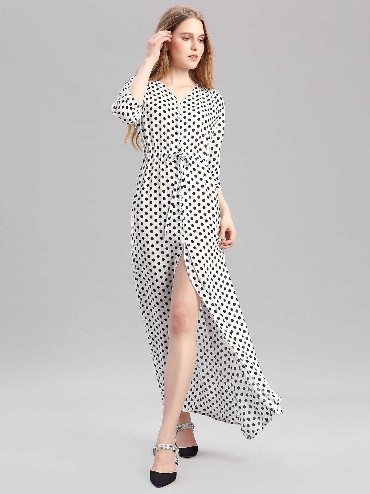 KittenAlarm - Woman's dress V Neck Loose Half Sleeve White Dot Split Elegant Female Maxi Dress,Flowy Swing Beach Dresses Spring-Summer Casual Dress L-2XL