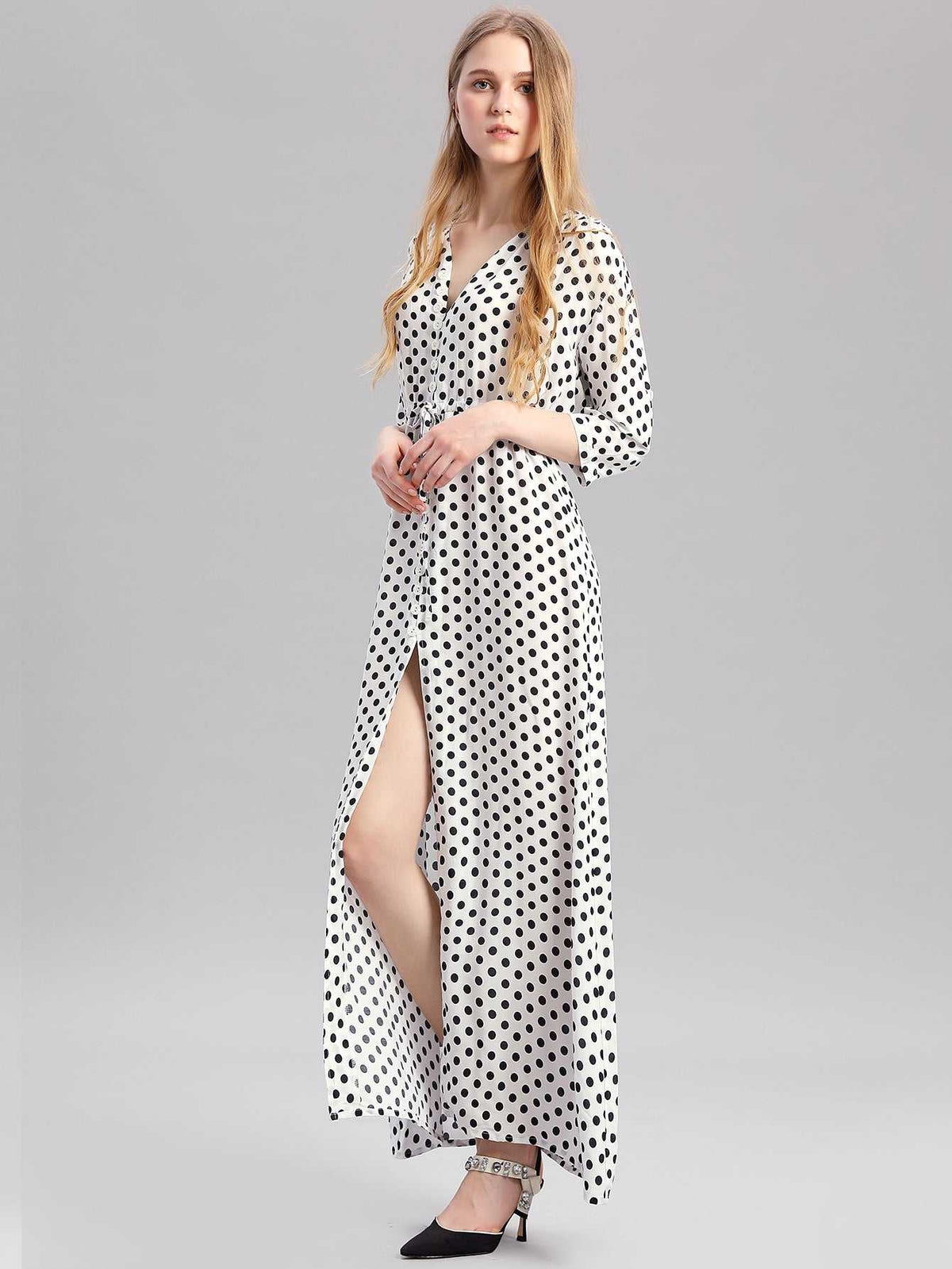 KittenAlarm - Woman's dress V Neck Loose Half Sleeve White Dot Split Elegant Female Maxi Dress,Flowy Swing Beach Dresses Spring-Summer Casual Dress L-2XL