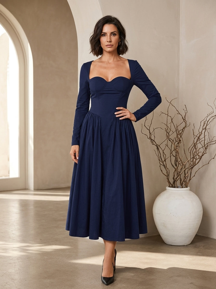 Sweetheart Neck Long Sleeve Fit and Flare Midi Dress 5