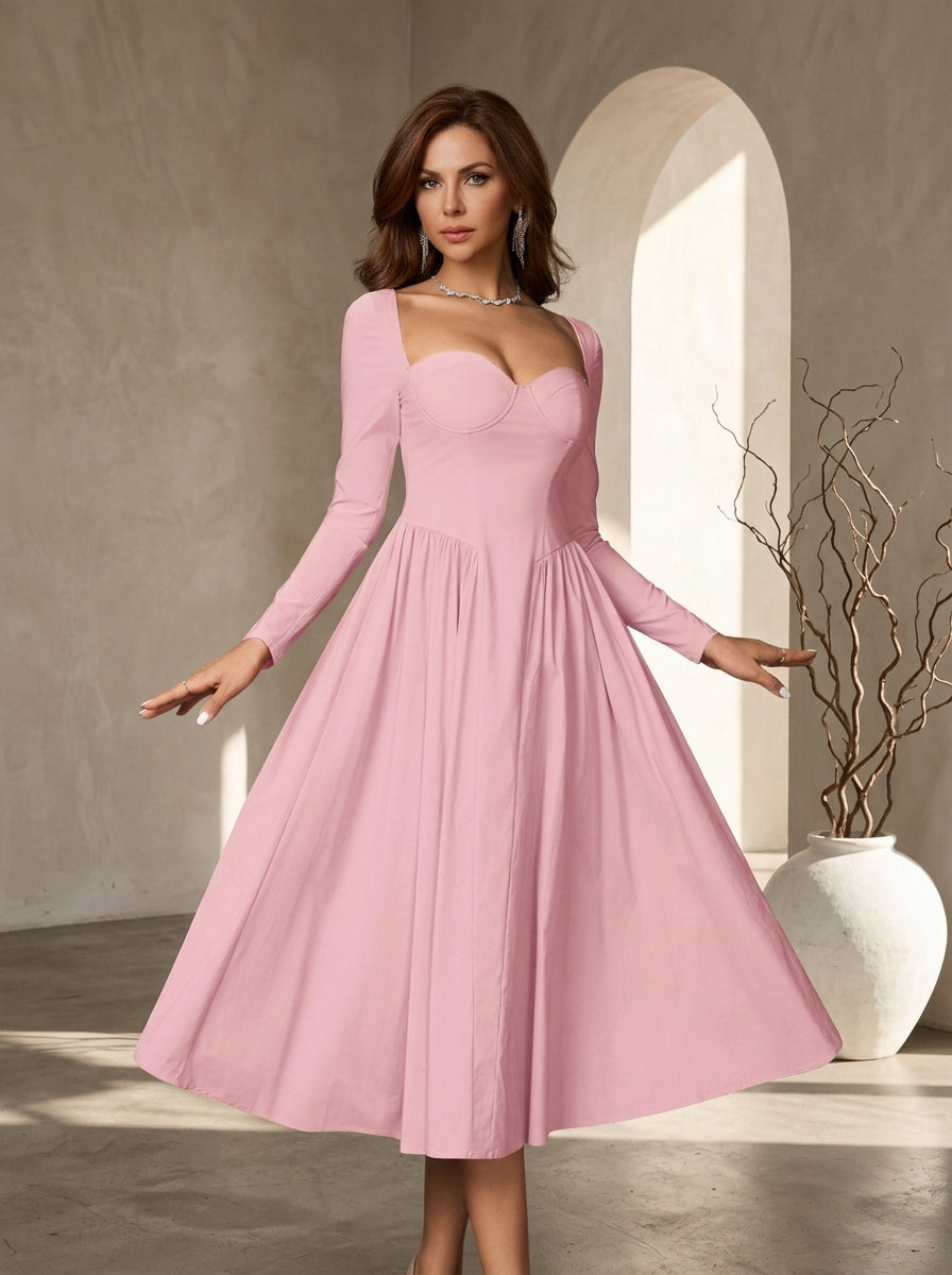 Sweetheart Neck Long Sleeve Fit and Flare Midi Dress