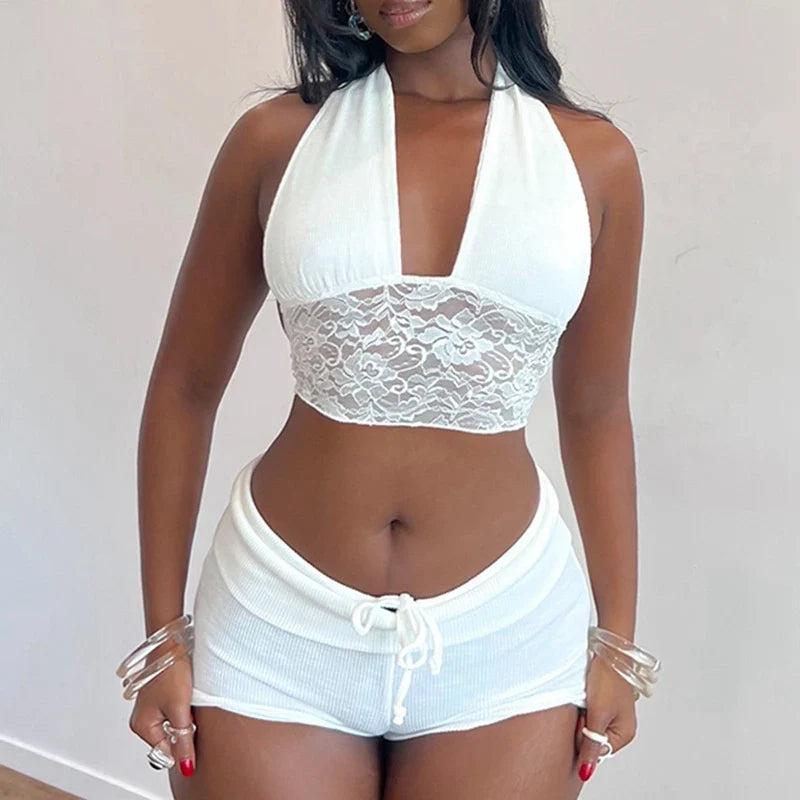 Backless Tie-Up Camis Lace Patchwork Halter Crop Top Mini Shorts Two Pieces Set