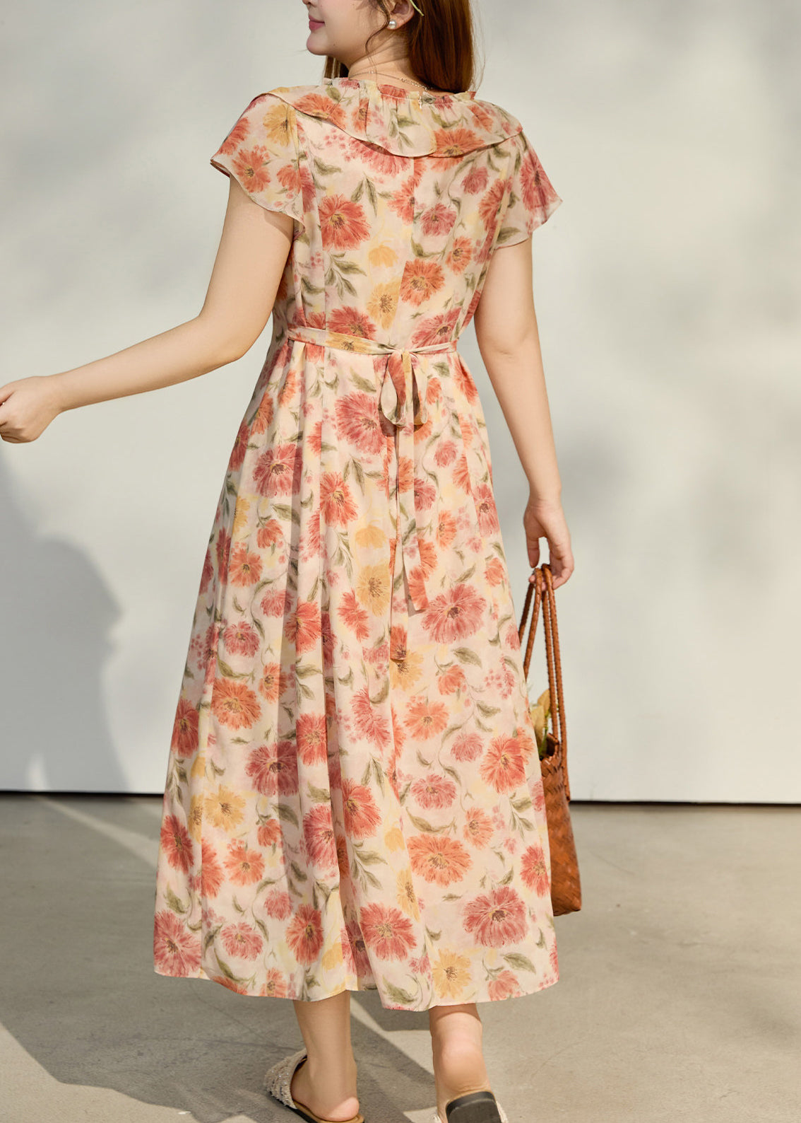 Women Apricot Ruffled Print Chiffon Robe Dresses Summer - View 3