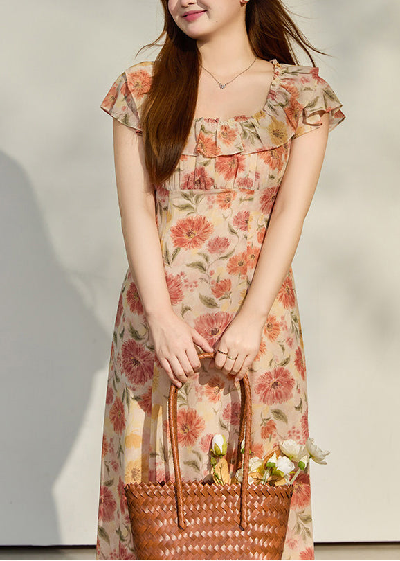 Women Apricot Ruffled Print Chiffon Robe Dresses Summer - View 4