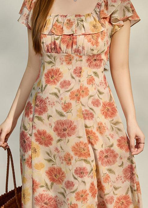 Women Apricot Ruffled Print Chiffon Robe Dresses Summer - View 5