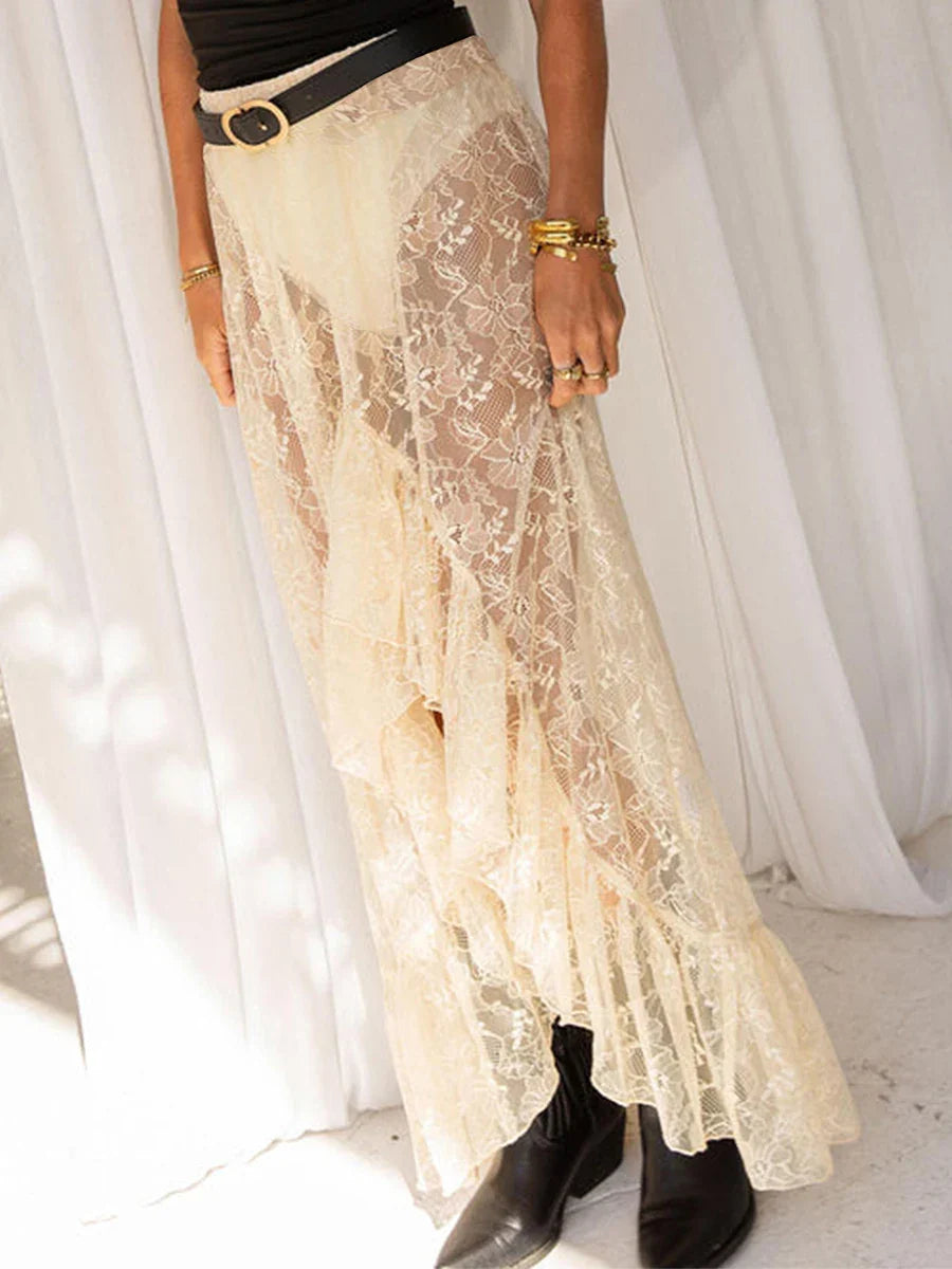Asymmetrical Ruffle Lace Bodycon Summer Beach Y2K Long Skirt