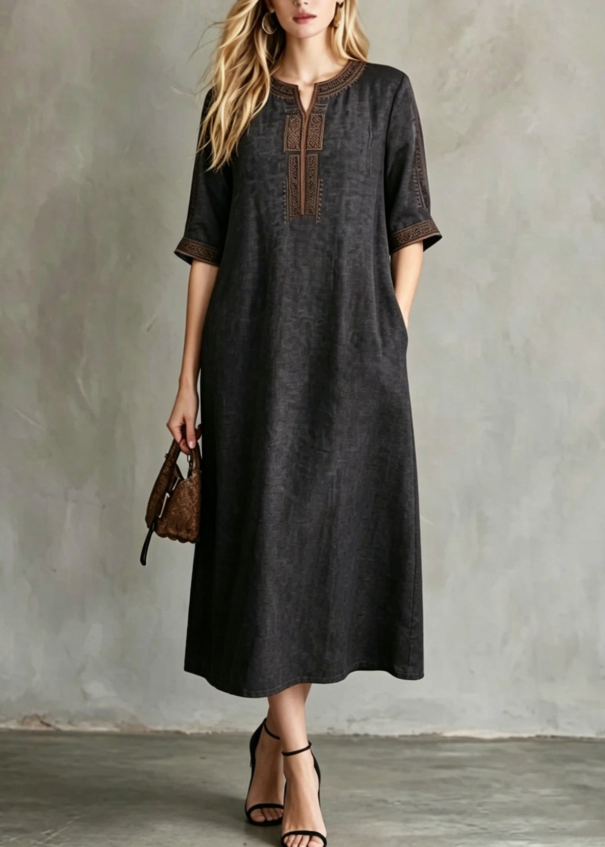 Embroidered Split Neck Elbow Sleeve Side Pocket Woven Shift Midi Dress