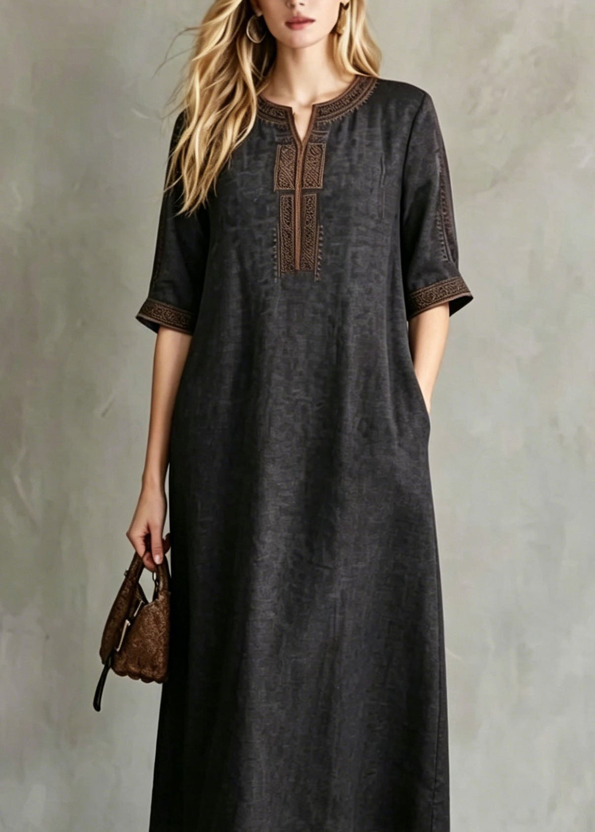 Embroidered Split Neck Elbow Sleeve Side Pocket Woven Shift Midi Dress - View 2