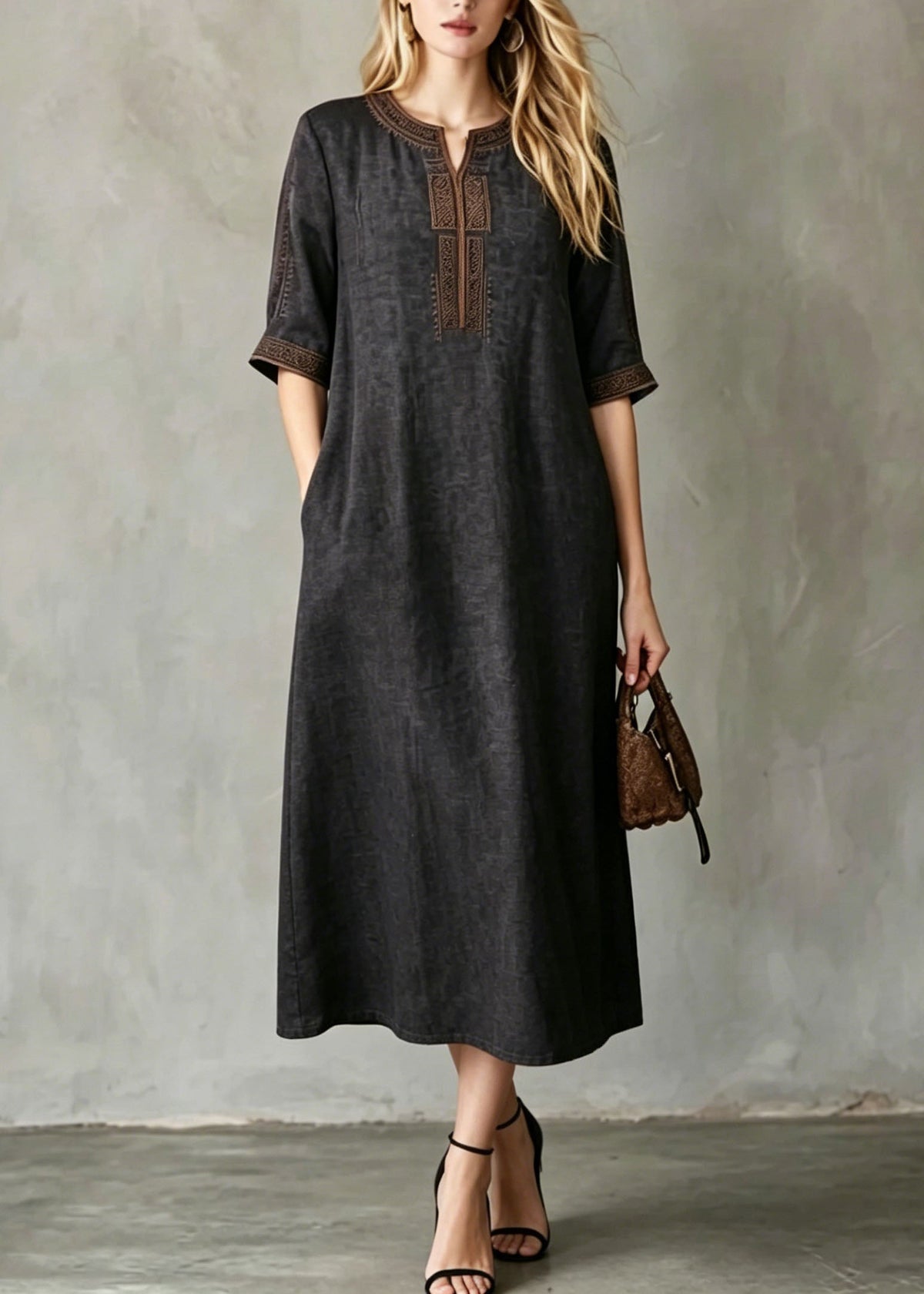 Embroidered Split Neck Elbow Sleeve Side Pocket Woven Shift Midi Dress - View 3