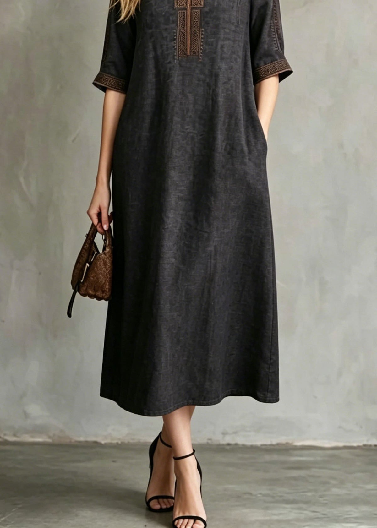 Embroidered Split Neck Elbow Sleeve Side Pocket Woven Shift Midi Dress - View 4