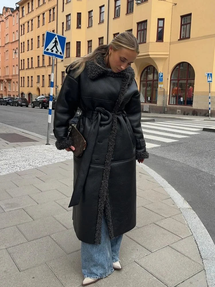 Burgundy Scarf Collar Lace-Up Overcoat