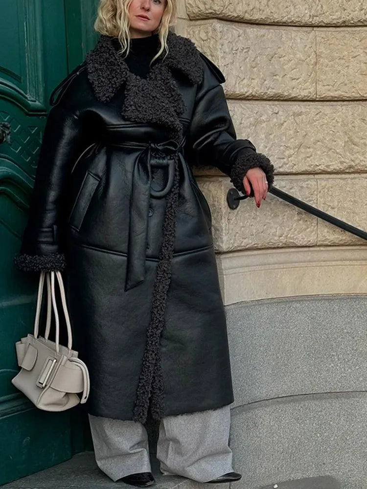 Burgundy Scarf Collar Lace-Up Overcoat