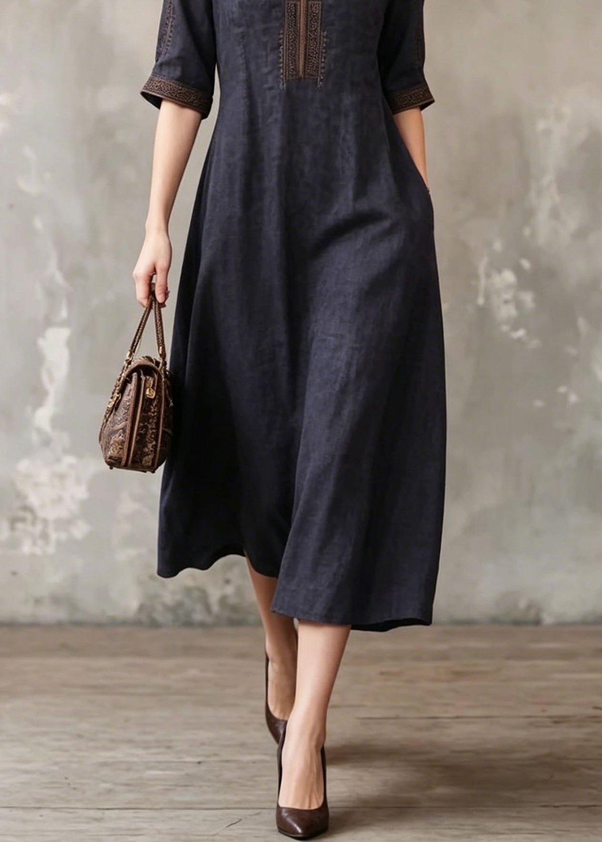 Embroidered Notched Neck Half Sleeve Side Pocket A-Line Midi Dress - View 4