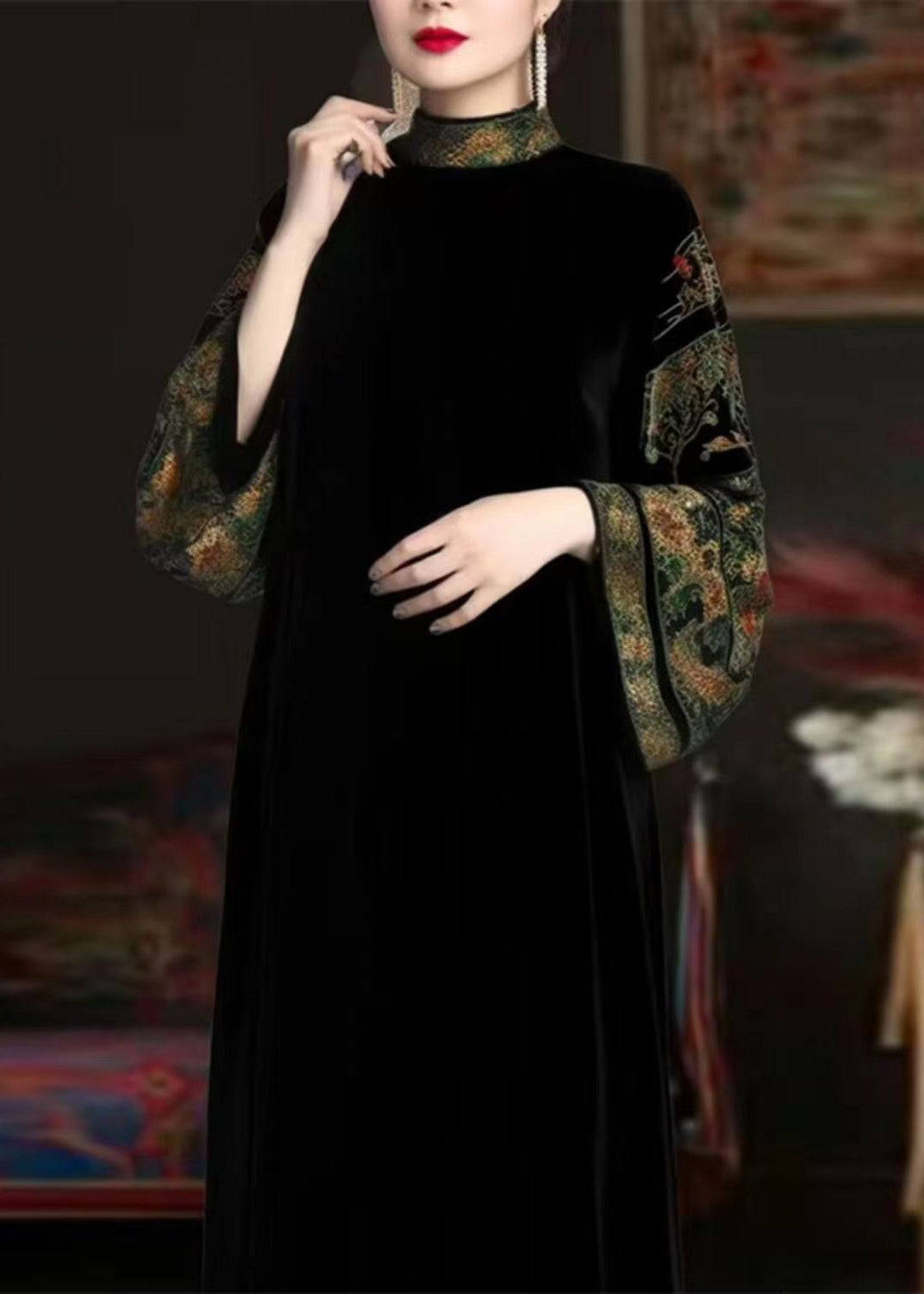Velvet Embroidered Mock Neck Bell Sleeve Maxi Dress