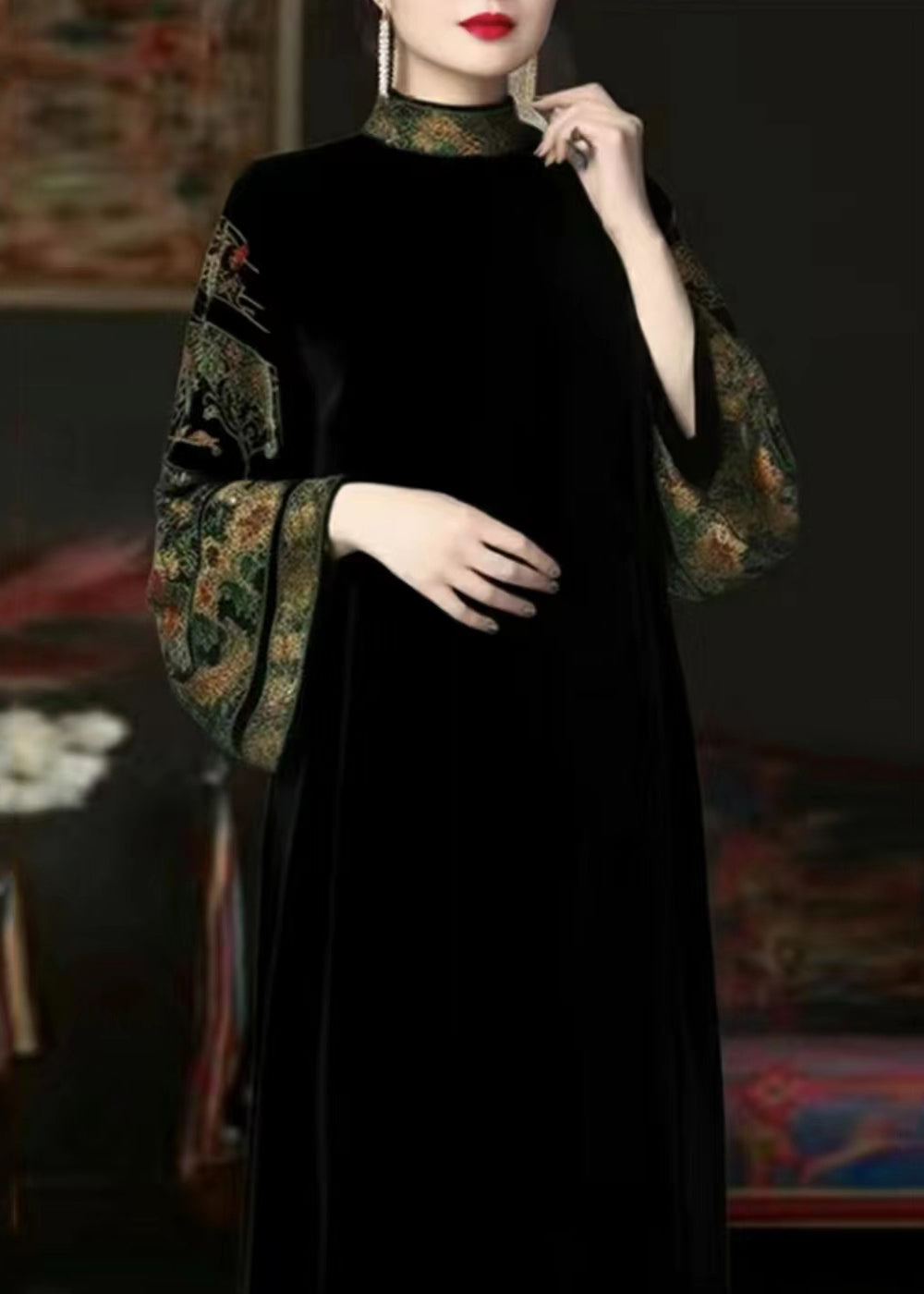 Velvet Embroidered Mock Neck Bell Sleeve Maxi Dress - View 2