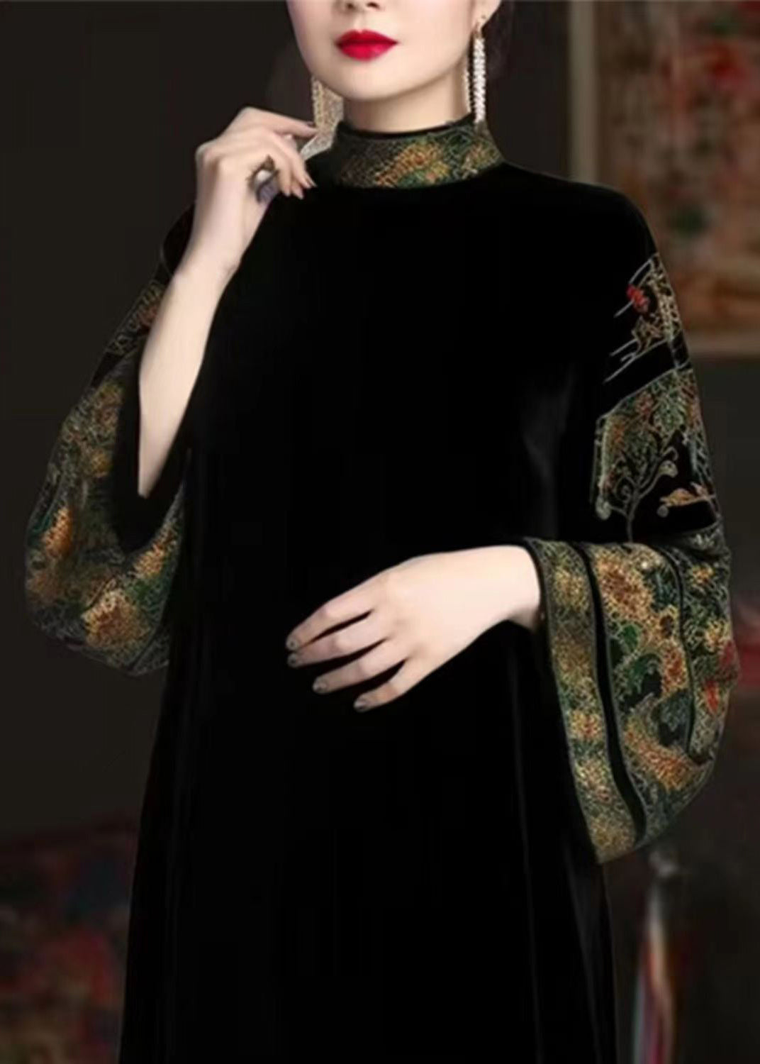 Velvet Embroidered Mock Neck Bell Sleeve Maxi Dress - View 3