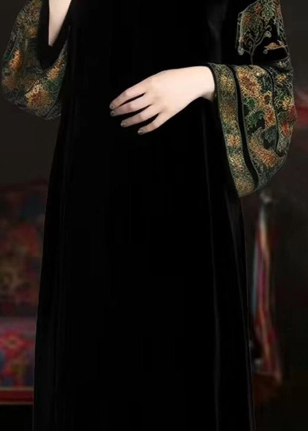 Velvet Embroidered Mock Neck Bell Sleeve Maxi Dress - View 4