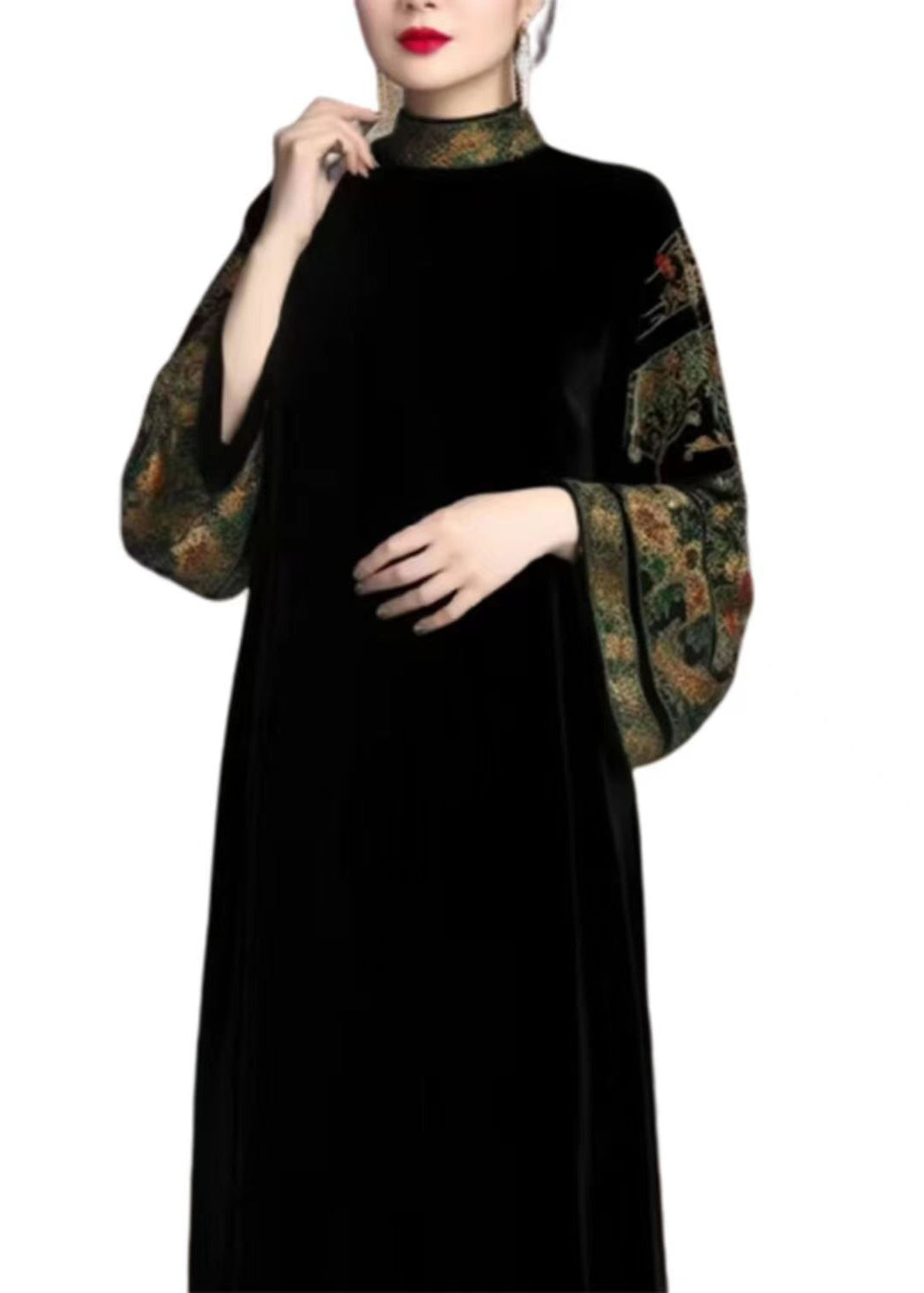 Velvet Embroidered Mock Neck Bell Sleeve Maxi Dress - View 5