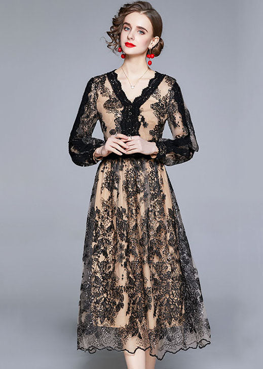 Women Black V Neck Embroidered Patchwork Tulle Dresses Long Sleeve - View 2