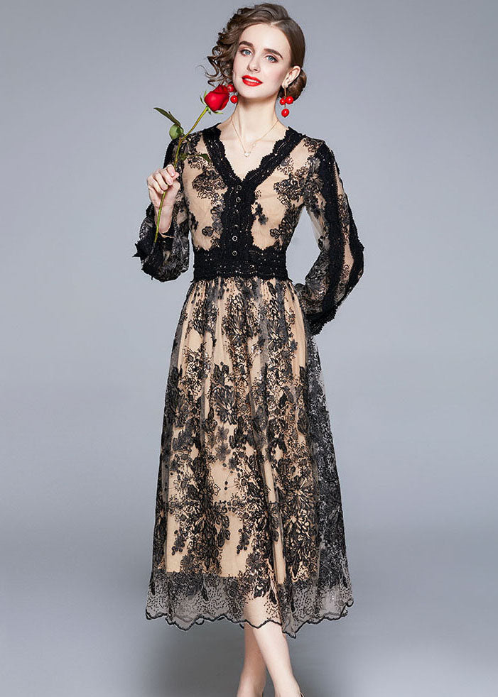 Women Black V Neck Embroidered Patchwork Tulle Dresses Long Sleeve - View 3