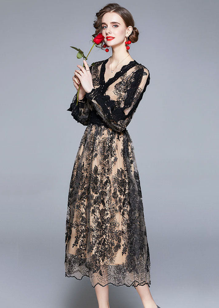 Women Black V Neck Embroidered Patchwork Tulle Dresses Long Sleeve - View 4