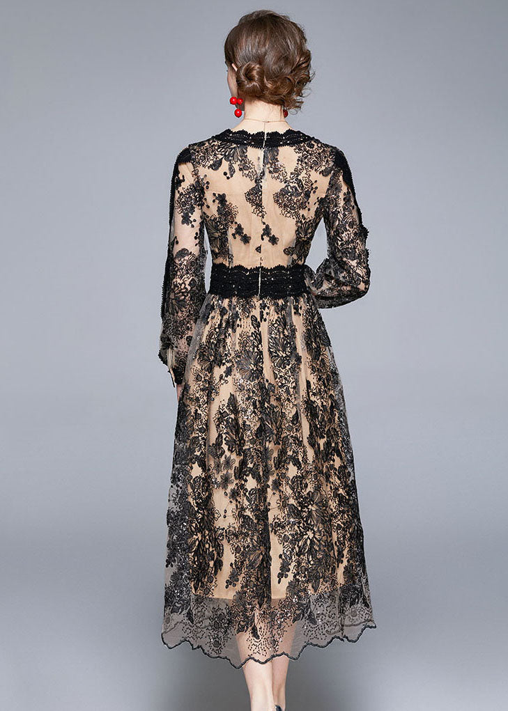 Women Black V Neck Embroidered Patchwork Tulle Dresses Long Sleeve - View 5