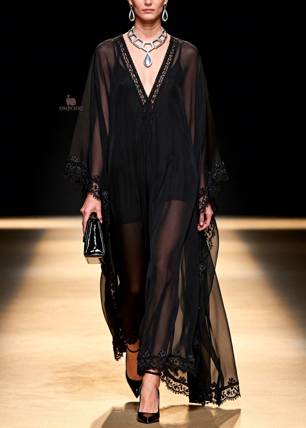 Women Black V Neck Patchwork Chiffon Maxi Dresses Summer