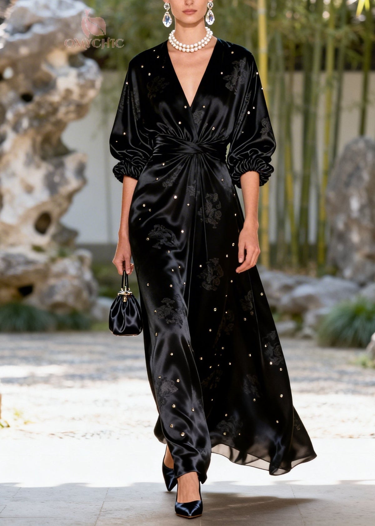 Jacquard Floral Deep V-Neck Wrap Waist Stud Embellished Maxi Gown