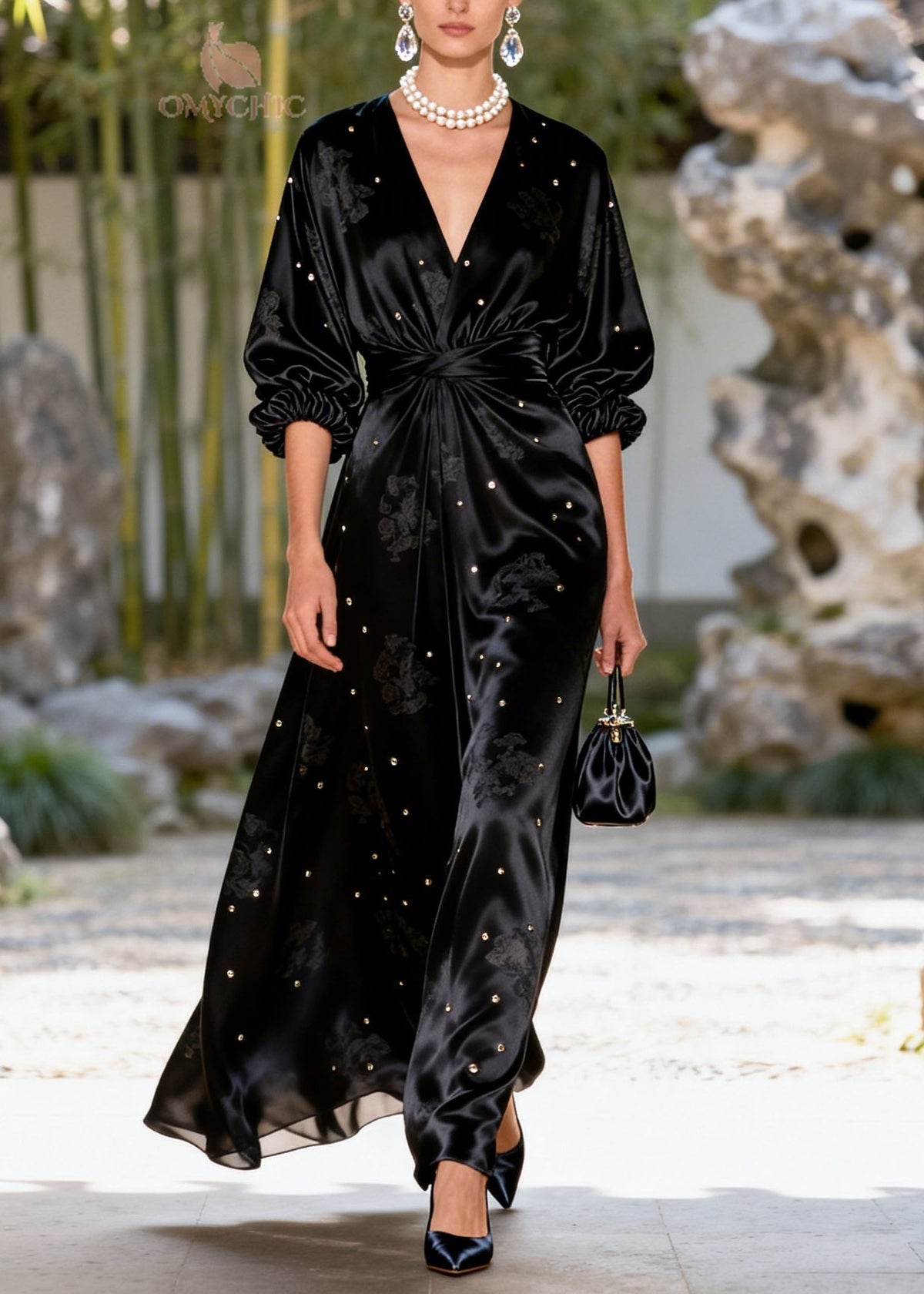 Jacquard Floral Deep V-Neck Wrap Waist Stud Embellished Maxi Gown - View 3