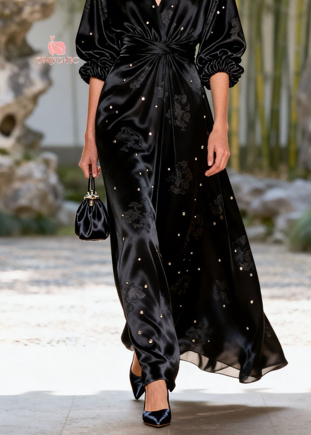 Jacquard Floral Deep V-Neck Wrap Waist Stud Embellished Maxi Gown - View 4