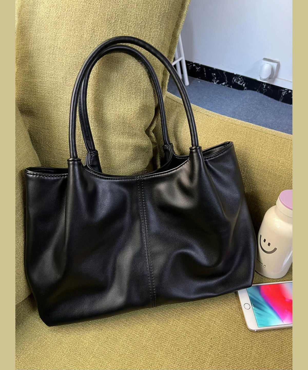 Versatile Black Satchel Faux Handbag Leather