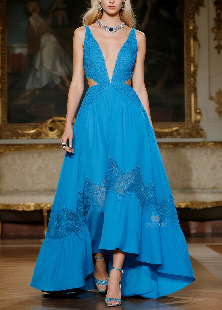Women Blue Hollow Out Lace Patchwork Spaghetti Strap Dresses Summer - View 5