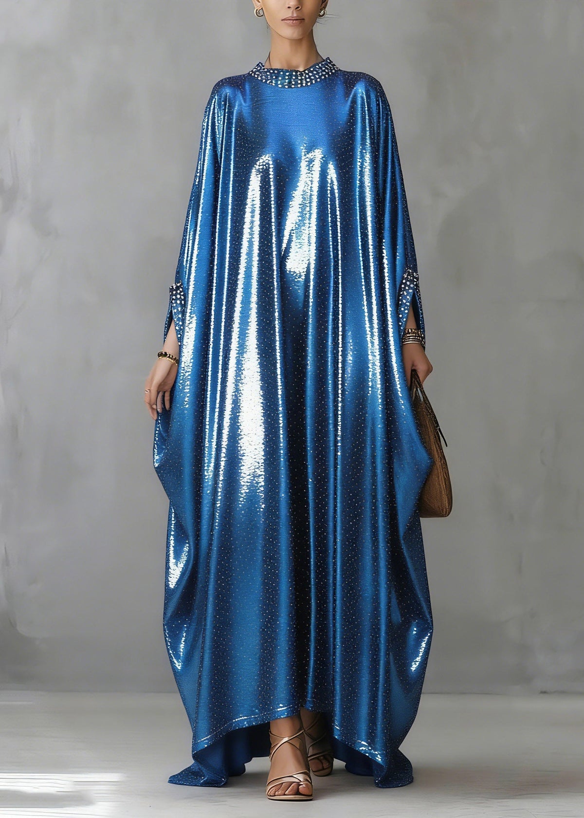 Satin Rhinestone Trim Glitter Wide Sleeve Kaftan Maxi Gown - View 3