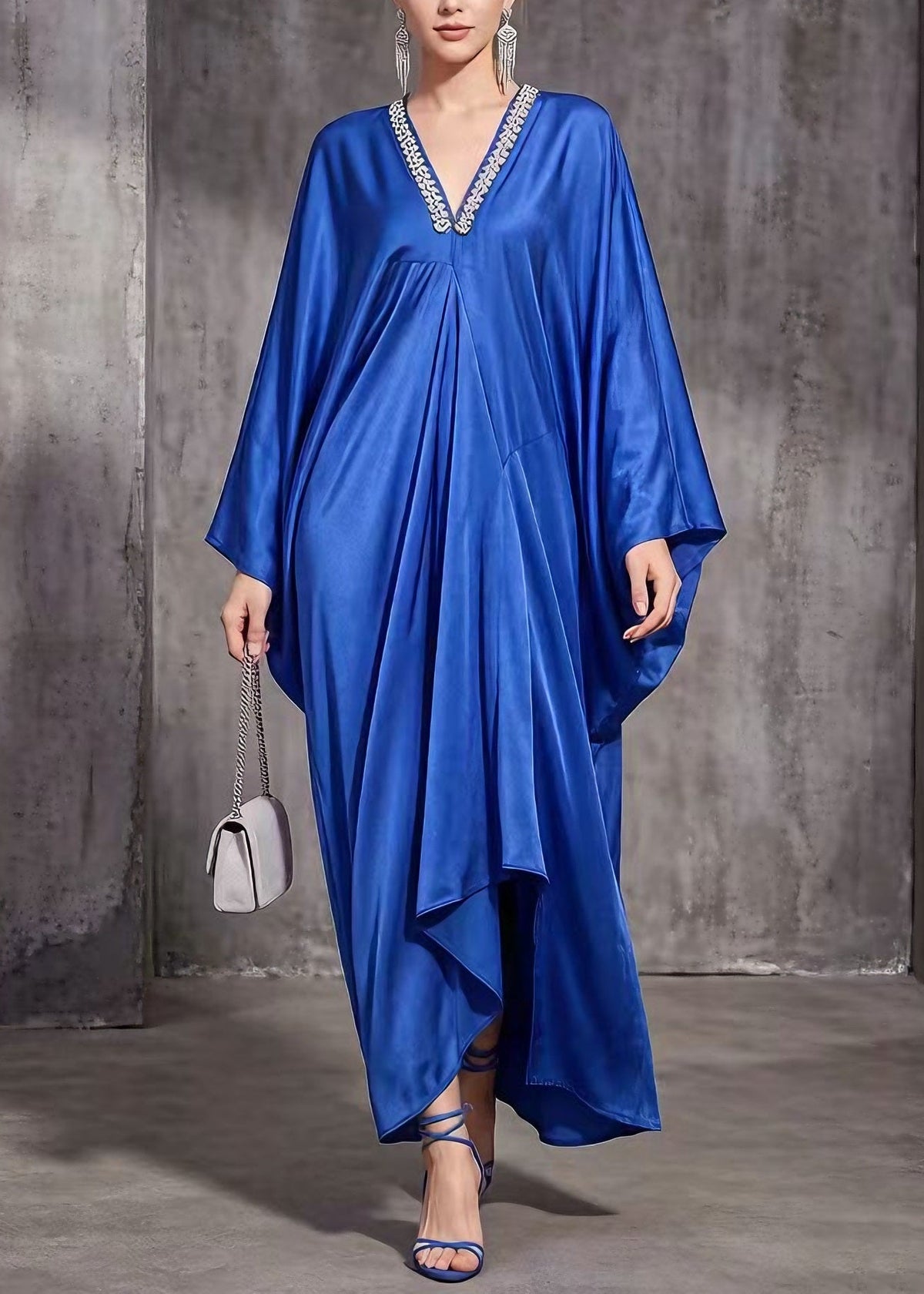 Satin Rhinestone Deep V-Neck Batwing Sleeve Draped Kaftan Maxi Gown