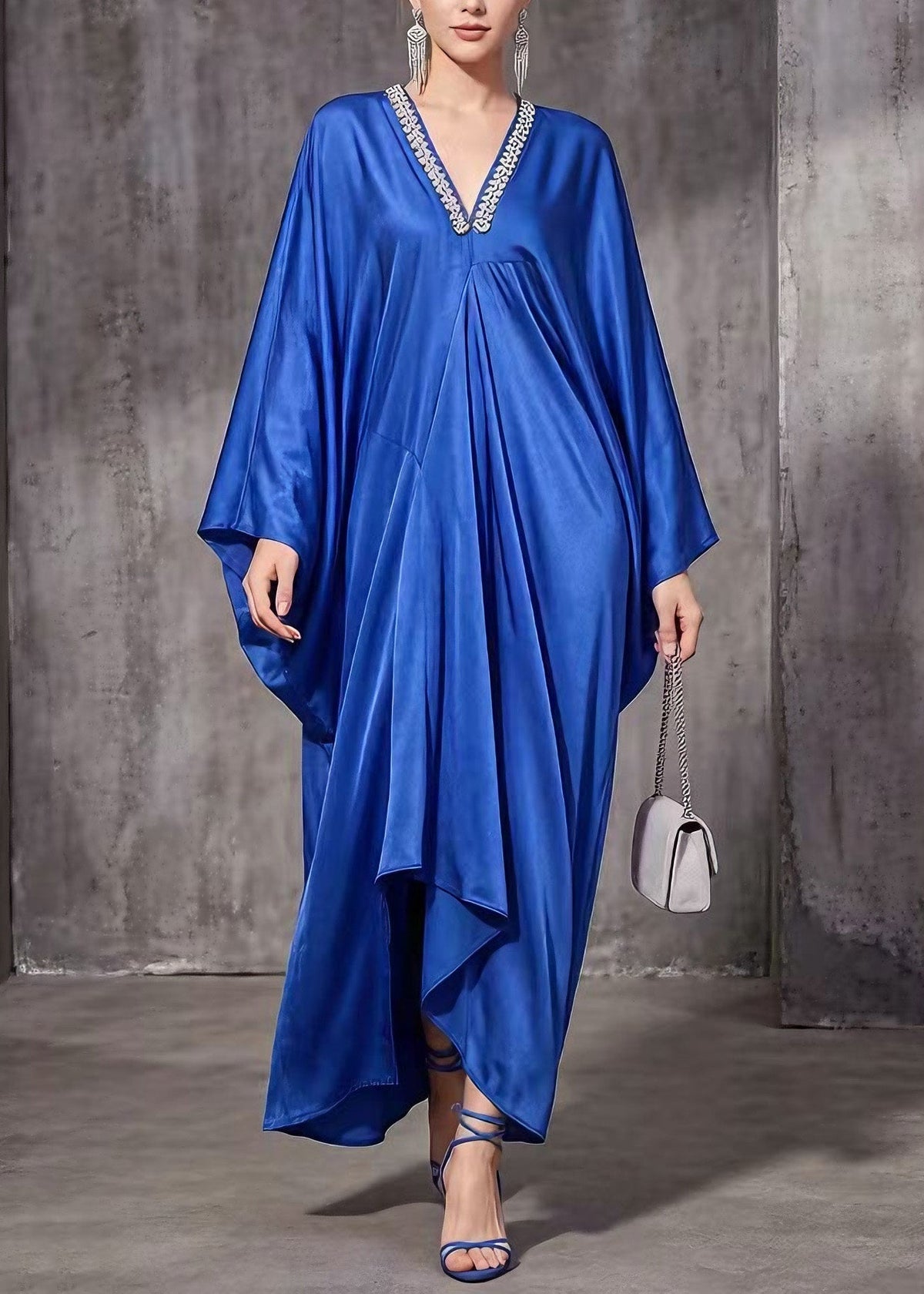 Satin Rhinestone Deep V-Neck Batwing Sleeve Draped Kaftan Maxi Gown - View 3