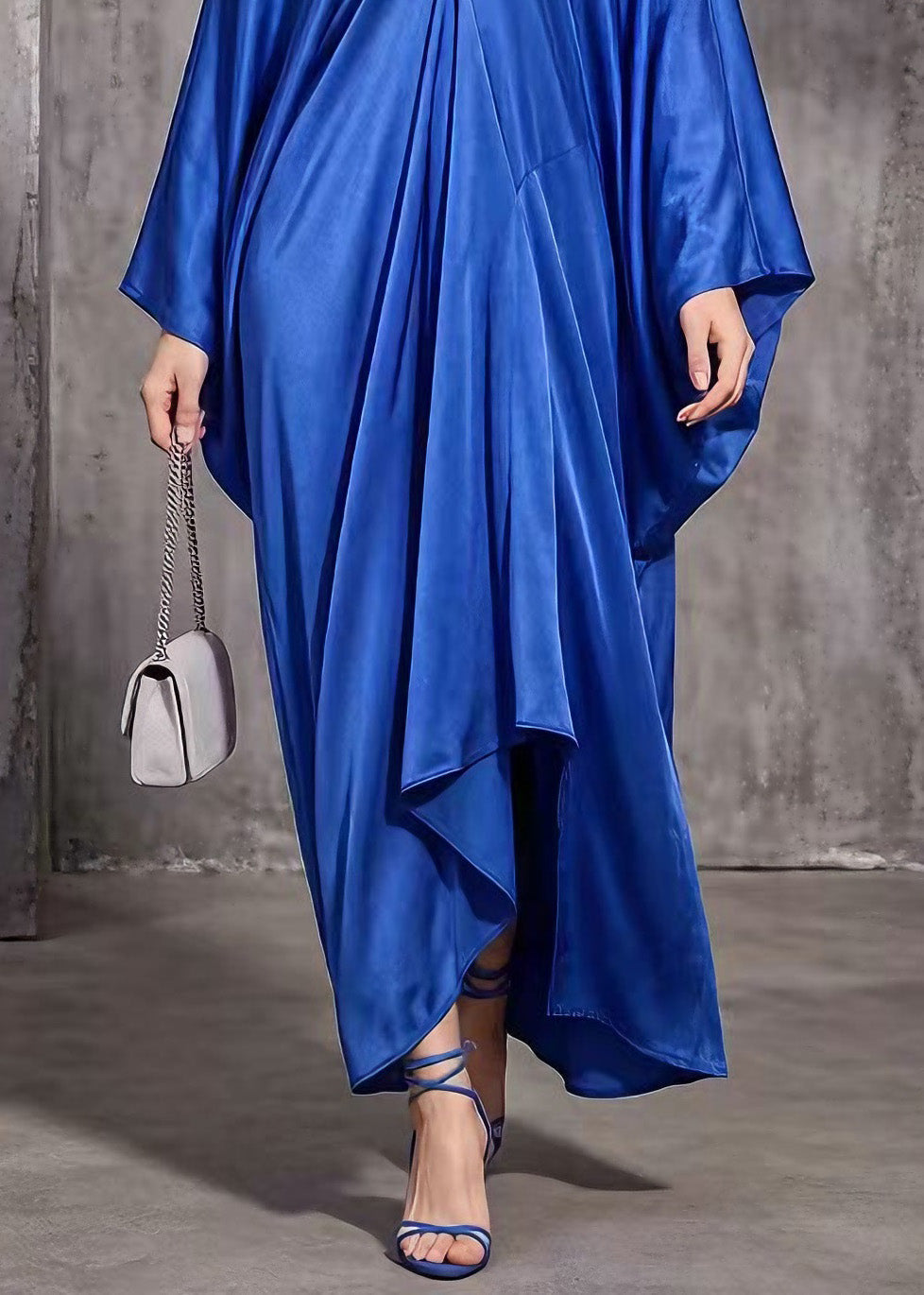Satin Rhinestone Deep V-Neck Batwing Sleeve Draped Kaftan Maxi Gown - View 4