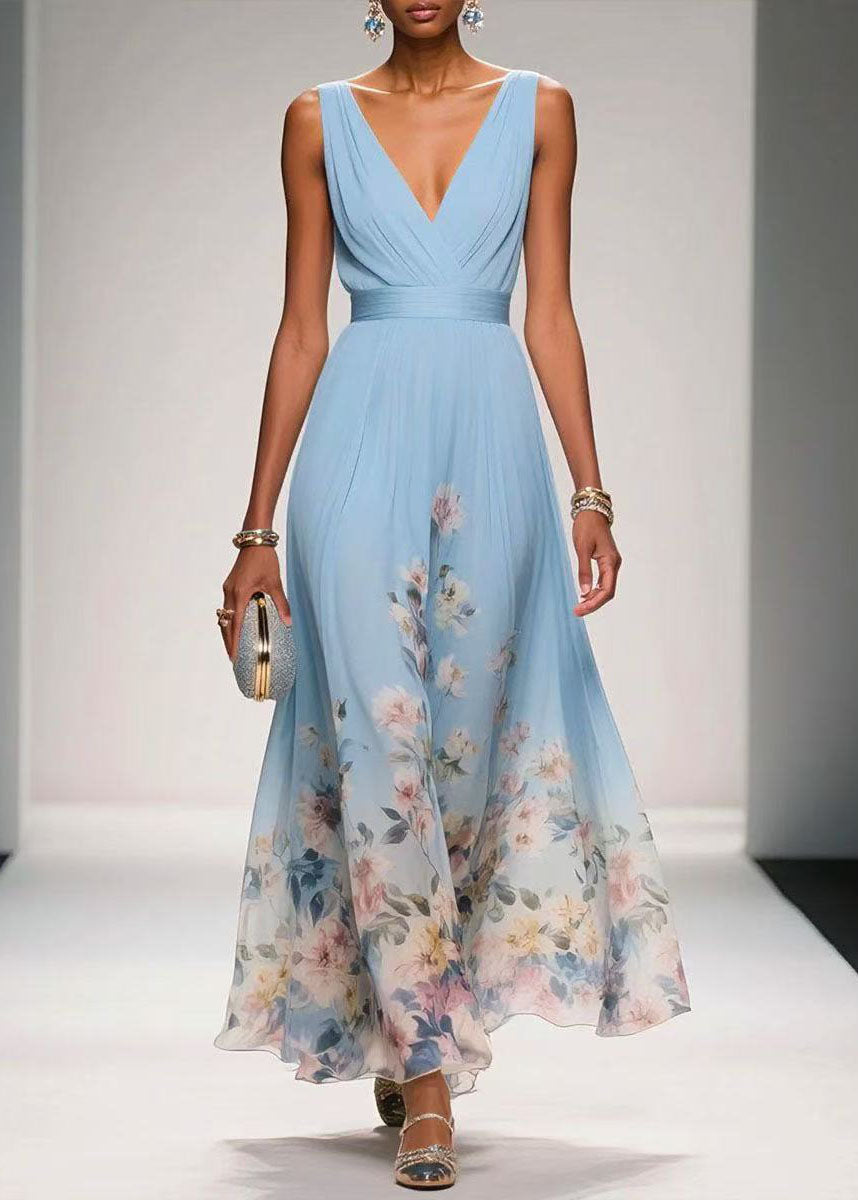 Chiffon Floral V-Neck Empire Waist Sleeveless Maxi Summer Dress
