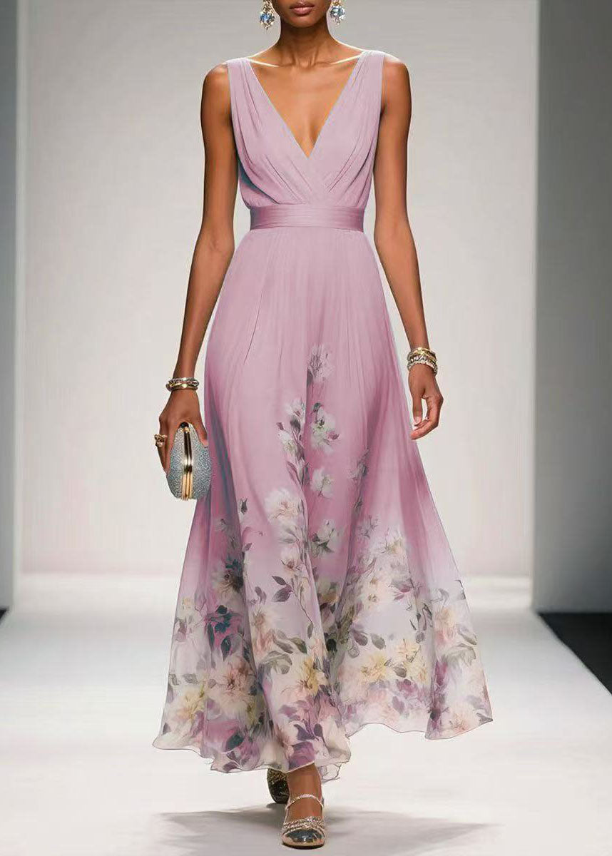 Chiffon Floral V-Neck Empire Waist Sleeveless Maxi Summer Dress - View 2