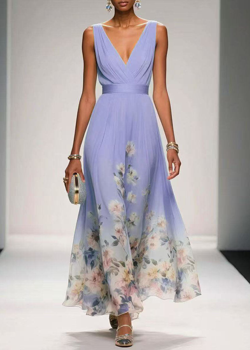 Chiffon Floral V-Neck Empire Waist Sleeveless Maxi Summer Dress - View 3