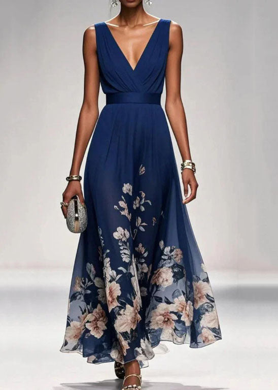 Chiffon Floral V-Neck Empire Waist Sleeveless Maxi Summer Dress - View 5
